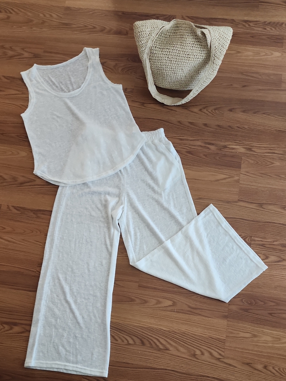 Women's White Tank & Wide-Leg Sheer Lounge Set